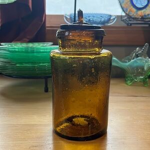 Rare Antique depression era brown apothecary jar  with lid & bubbles hand blown